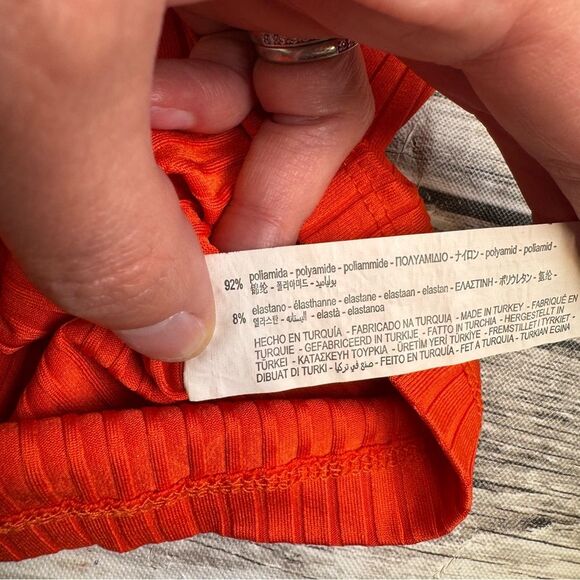ZARA Women's Bright Orange Ribbed T Tee Shirt S SM Small Lettuce Edge Mock Neck - Picture 7 of 11